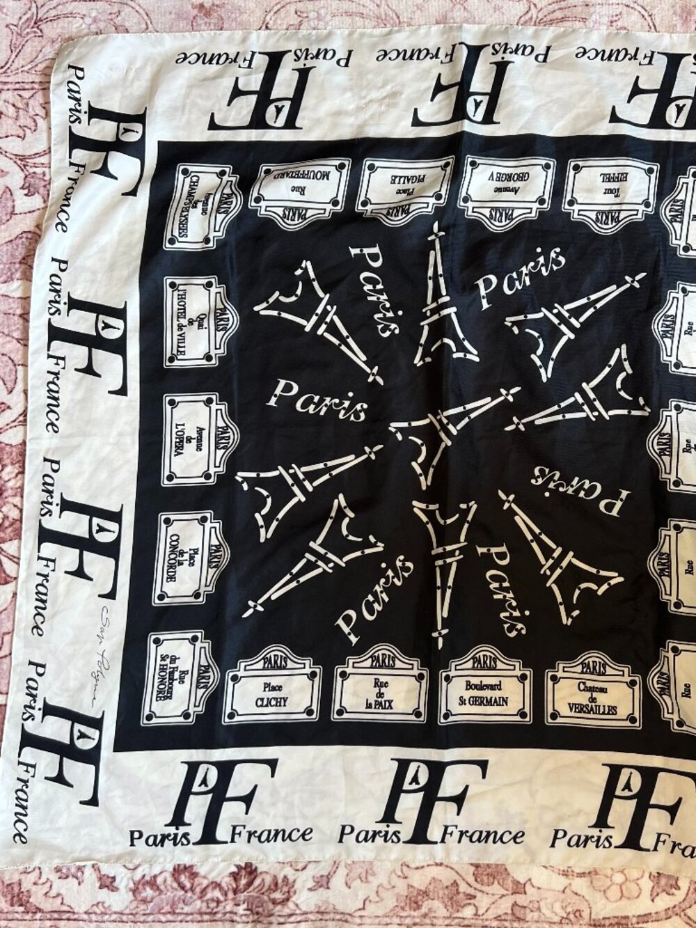 Vintage San Polyne "Souvenir de Paris" Black and White Scarf Eiffel Tower French